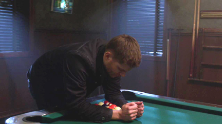 Dean wracks up the pool balls with his elbows. Dean wracks up the pool balls with his elbows.